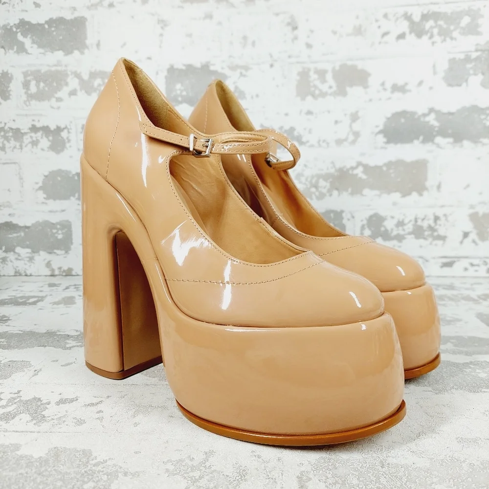 New Schutz Zayne New Pressego Tan Patent Leather Platform Mary Jane Pumps D1048